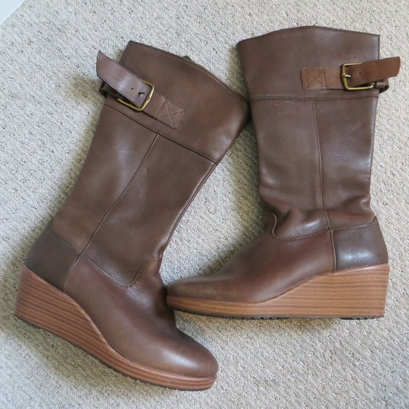 CROCS Shoes - Crocs A-Leigh Leather Wedge Boots Brown | Size 6